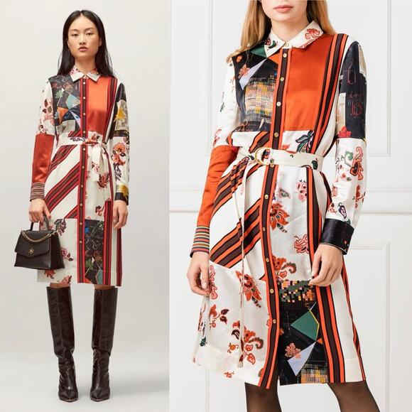 Tory Burch Patchwork Silk Blend Belted Midi Dress Red/White Floral Size 6 - Picture 1 of 10